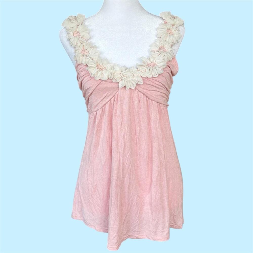 Y2K Fairycore Pink tie back babydoll top with floral appliqués on the neckline